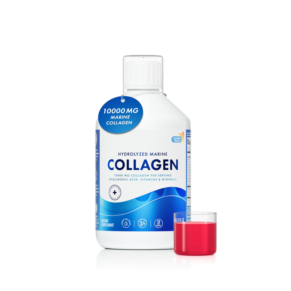 Swedish Nutra collagen liquid bottle emphasizes skin hydration and elasticity support