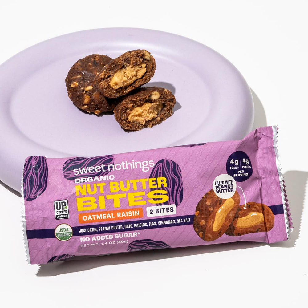 Sweet Nothings Oatmeal Raisin Bites on kitchen counter as a fiber-rich snack.