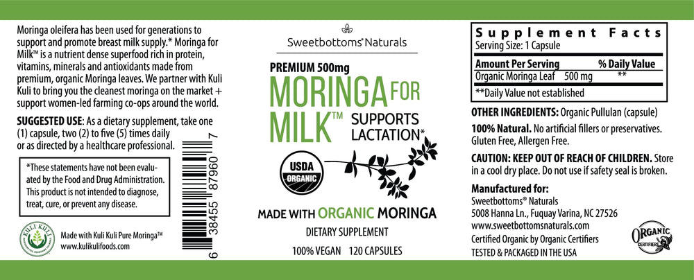 Sweetbottoms ingredients graphic highlighting moringa nutrient-dense profile.