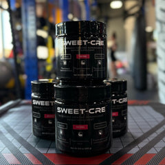 SweetCre Creatine Monohydrate fruit punch jar close-up showing clear labeling