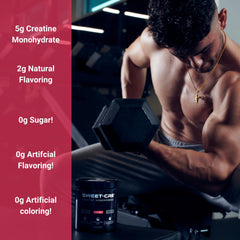 SweetCre Creatine Monohydrate being mixed with water in a glass