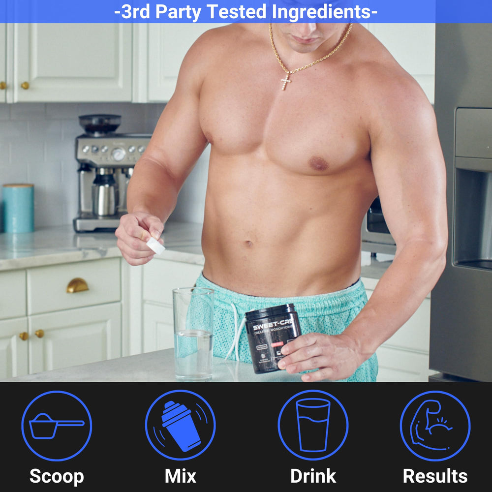 Athlete using SweetCre powder to support workout recovery and endurance.