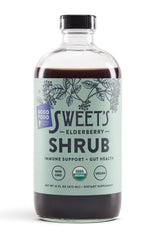 Sweet's Elderberry Shrub bottle on shelf highlights USDA Organic quality and clean ingredients.