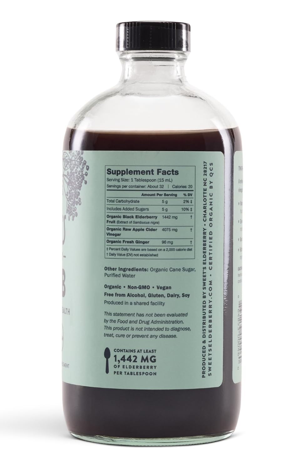 Sweet's Elderberry Shrub label close-up shows elderberry content and organic sourcing.