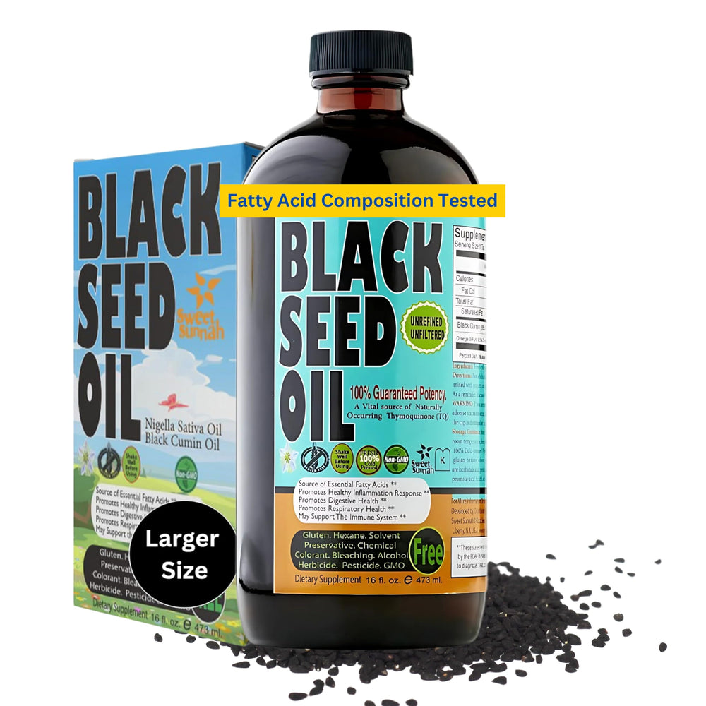 Sweet Sunnah Black Seed Oil amber bottle 16oz ready for daily wellness routine