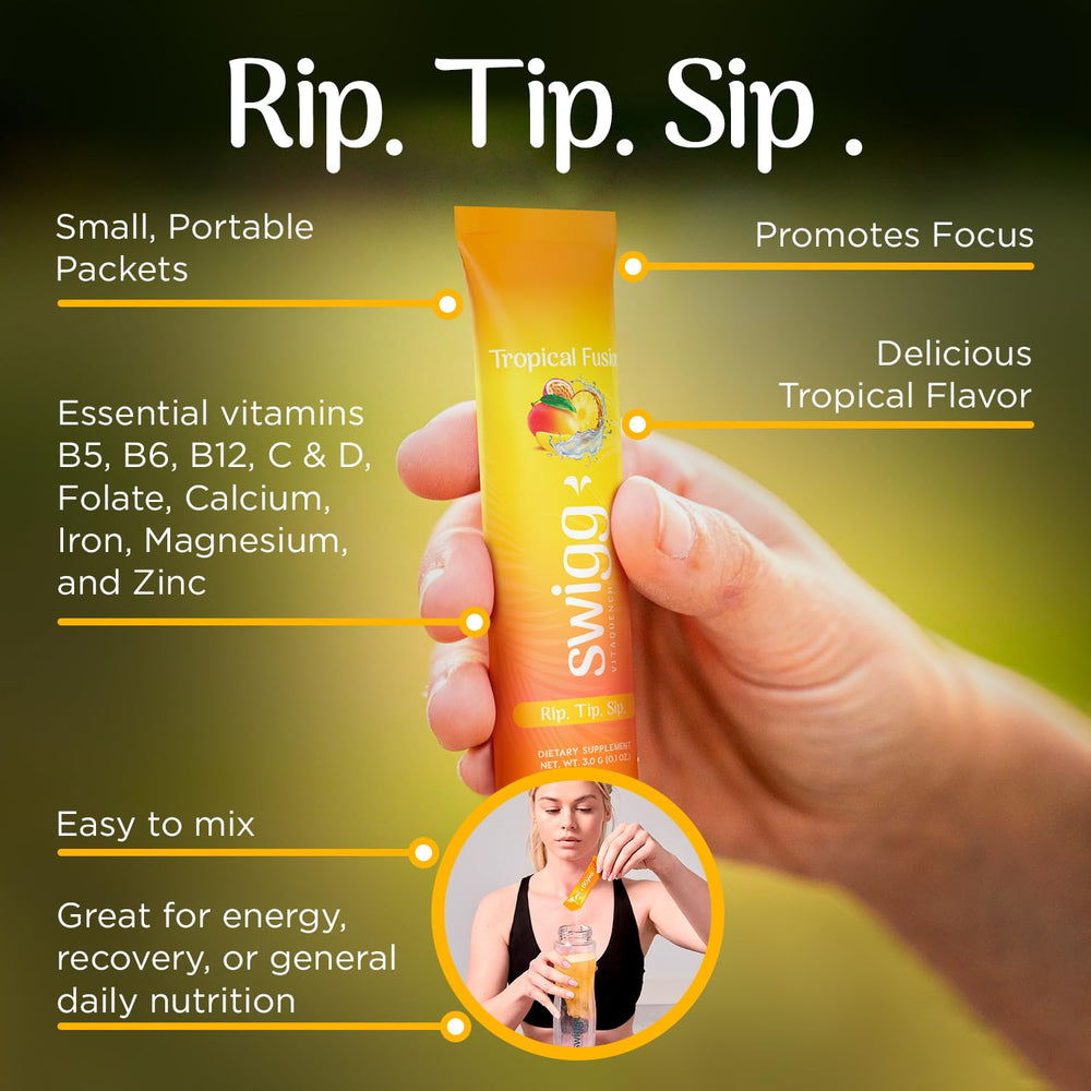 Swigg tropical fusion packets in a bag for travel hydration
