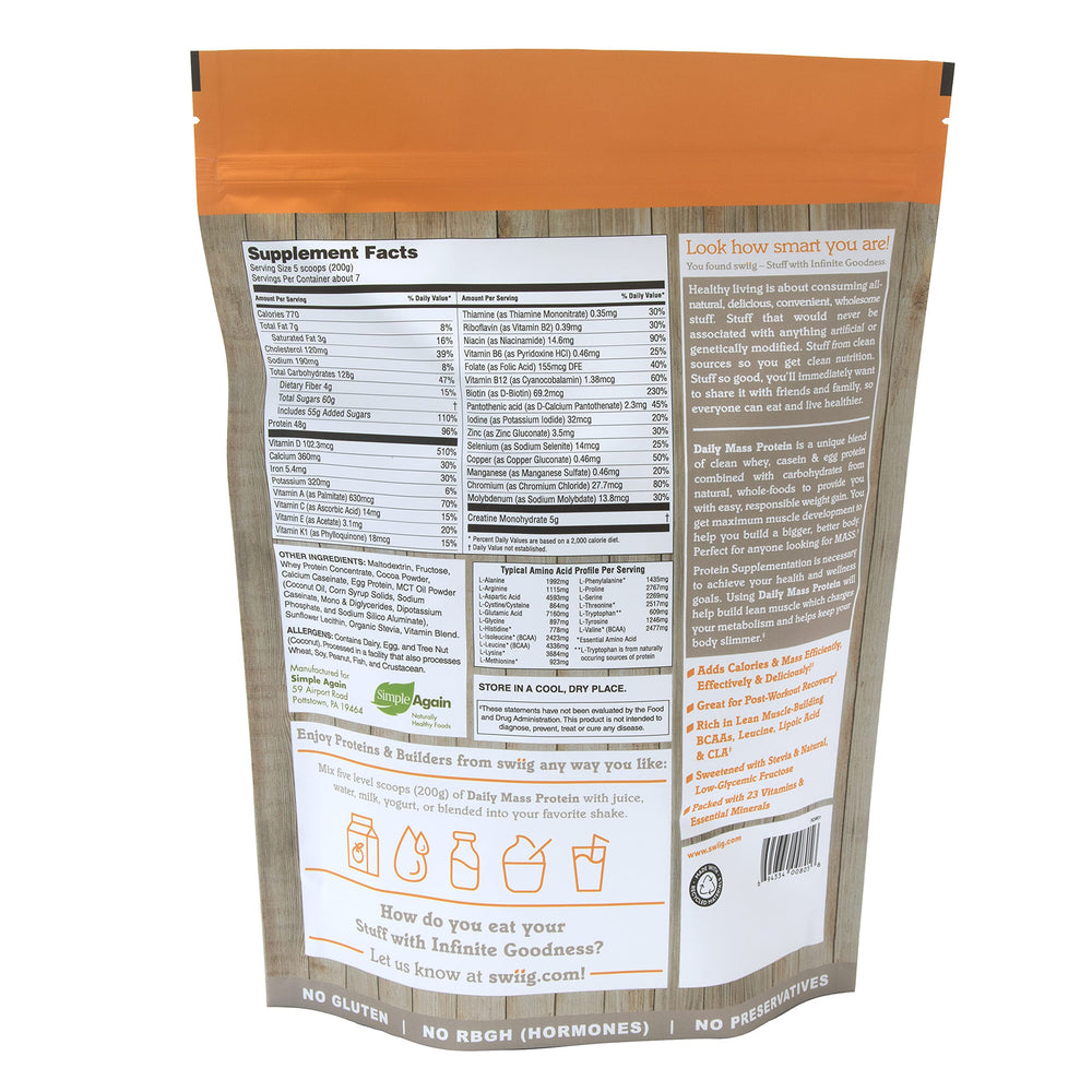 Swiig Mass Builder Chocolate powder scoop highlighting serving size and protein content