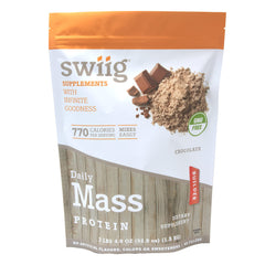 Swiig Mass Builder Chocolate powder tub shows premium mass-gain formula for calorie-rich shakes