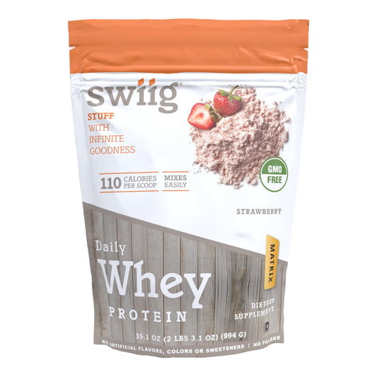 Swiig Premium Daily Whey Protein Matrix Strawberry bottle pour shows convenient post-workout shake.