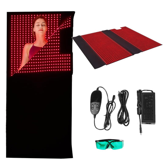 Swirise red and near-infrared therapy bag on bed for full-body relaxation.