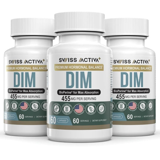 Swiss Activa+ Labs DIM bottle on counter for hormone balance support