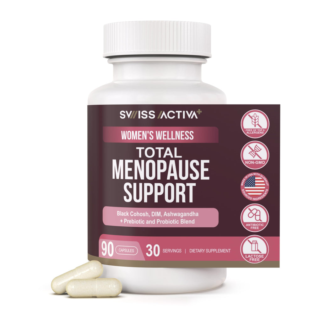 Swiss Activa+ Labs Total Menopause bottle showing capsules for daily support
