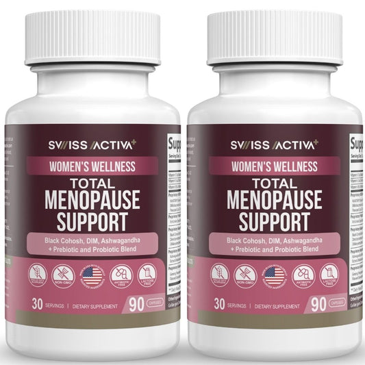 Swiss Activa+ Total Menopause Support bottle on a clean surface for daily hormonal balance support.