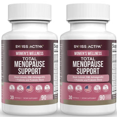 Swiss Activa+ Total Menopause Support bottle on a clean surface for daily hormonal balance support.