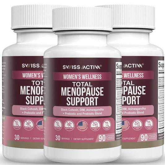 Swiss Activa+ Labs Total Menopause Support bottle front showing balance benefits.