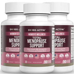Swiss Activa+ Labs Total Menopause Support bottle front showing balance benefits.