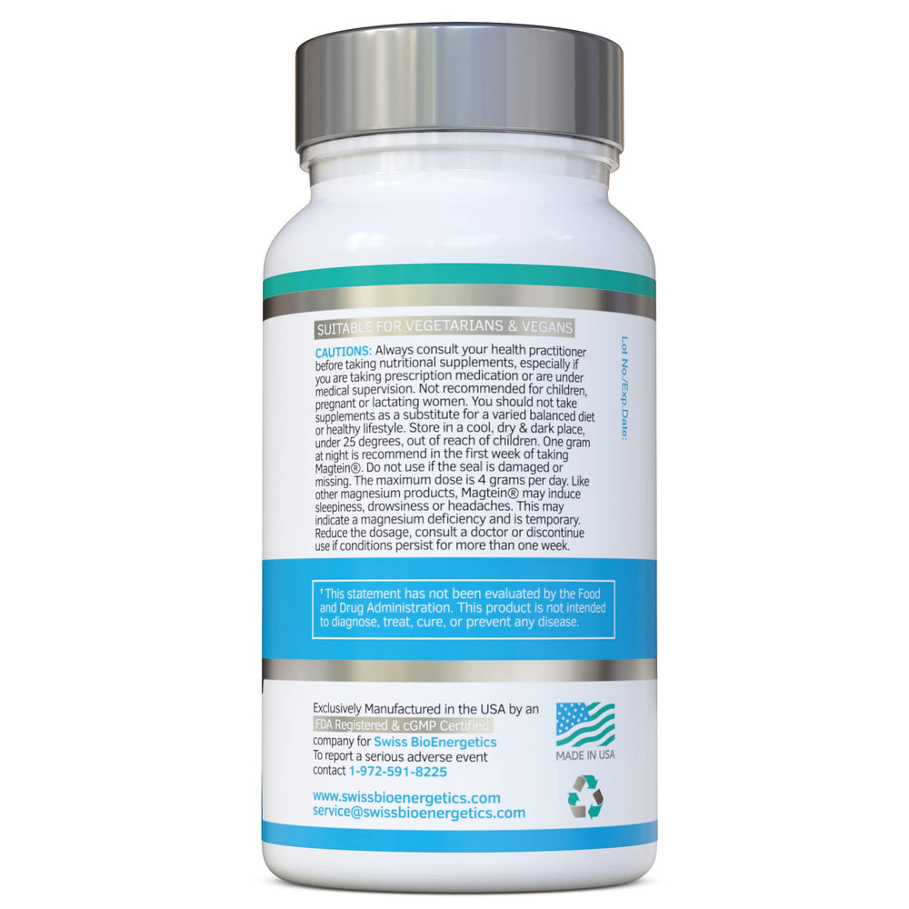 Swiss BioEnergetics Magtein capsules being poured for easy daily use