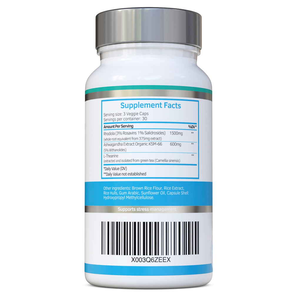 Swiss BioEnergetics Rhodiola and Ashwagandha bottle back detailing allergen-free formula.