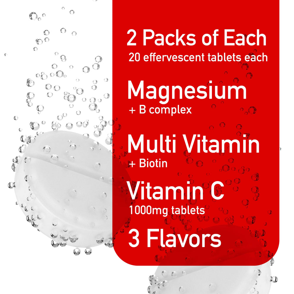 Swiss Imports effervescent variety pack tablets close-up with easy dissolution and daily support.