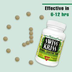 Swiss Kriss bottle foreground emphasizes natural laxative ingredients for occasional constipation