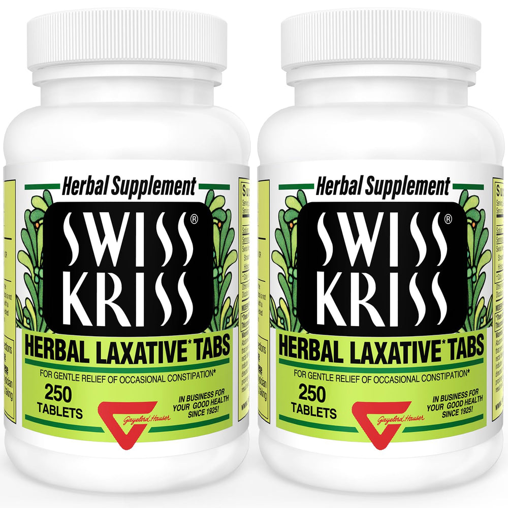 Swiss Kriss two-pack bottles shown for convenient, natural constipation relief
