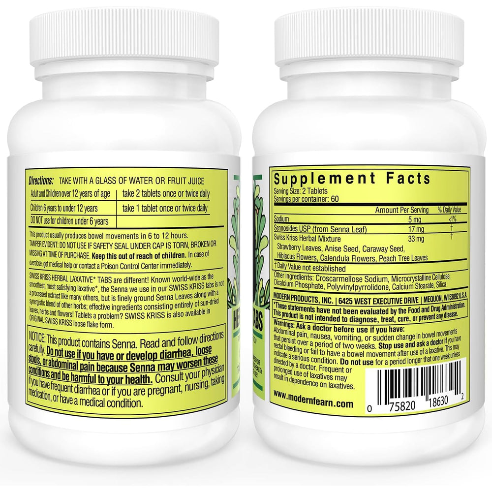 Swiss Kriss tablet close-up highlights herbal senna formula for gentle relief