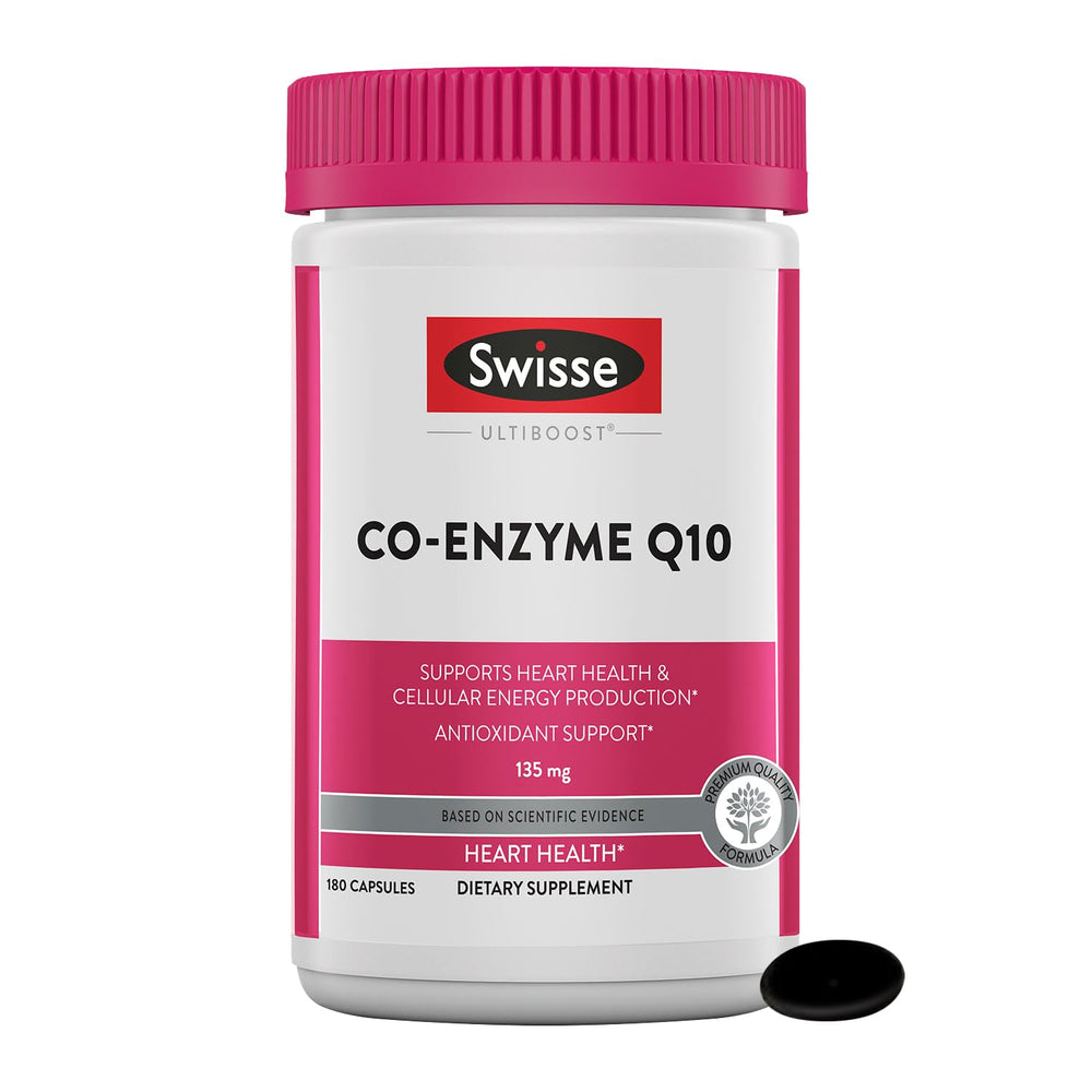 Swisse CoQ10 softgel bottle front showing daily heart health support.