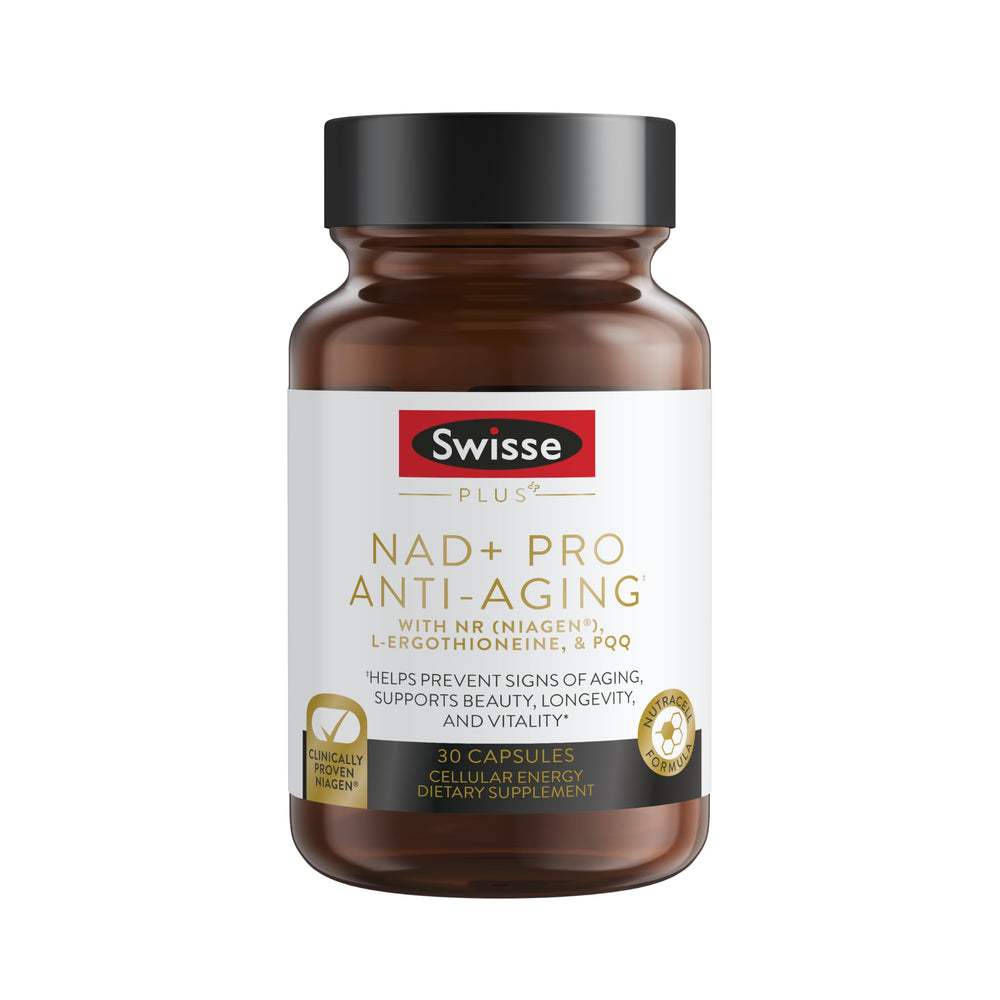 Swisse NAD+ Pro Anti-Aging bottle on a clean surface emphasizing daily vitality.