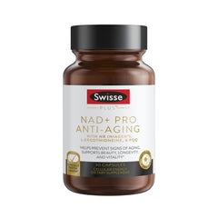 Swisse NAD+ Pro Anti-Aging bottle on a clean surface emphasizing daily vitality.