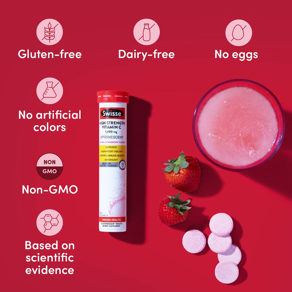 Swisse Vitamin C powder in a glass showing natural strawberry flavor and antioxidant benefits