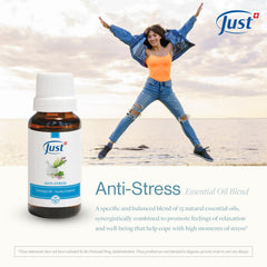 SwissJust Stress Relief label close-up highlighting 15 natural essential oils.