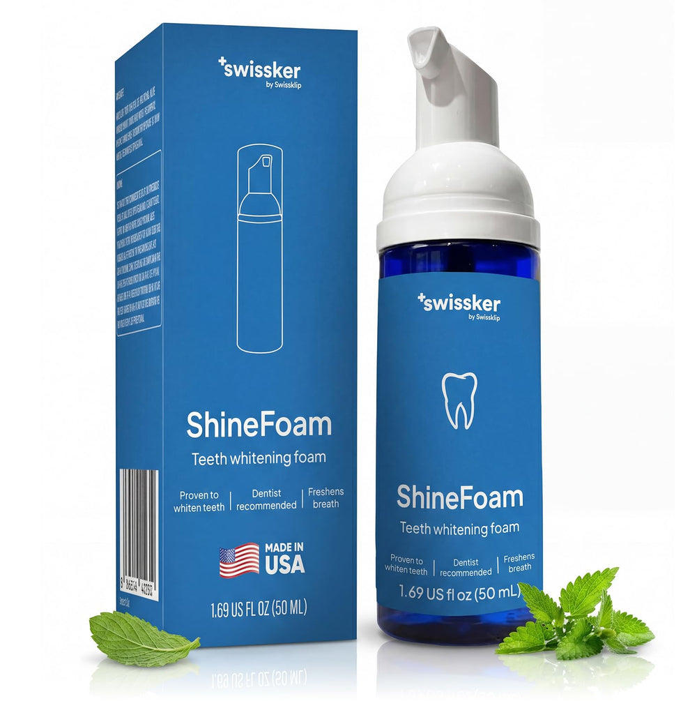 Swissker ShineFoam dispensing foam for quick whitening and gentle action.