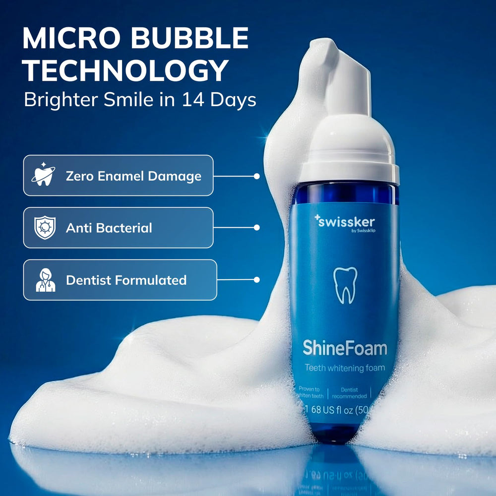 USA-made Swissker ShineFoam label signals trusted, professional-grade whitening.