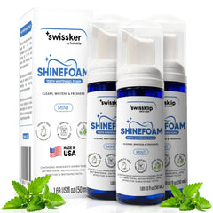 Swissker ShineFoam packaging box shows vegan, USA-made whitening solution.