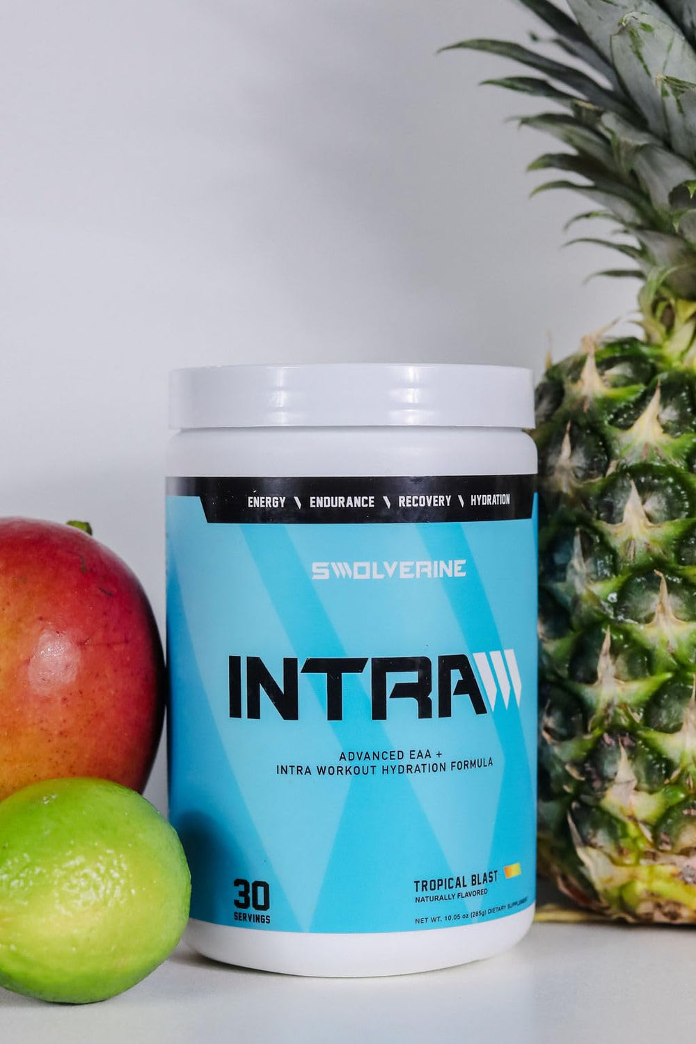 Swolverine Intra Tropical Blast ingredients panel with essential aminos and electrolytes.