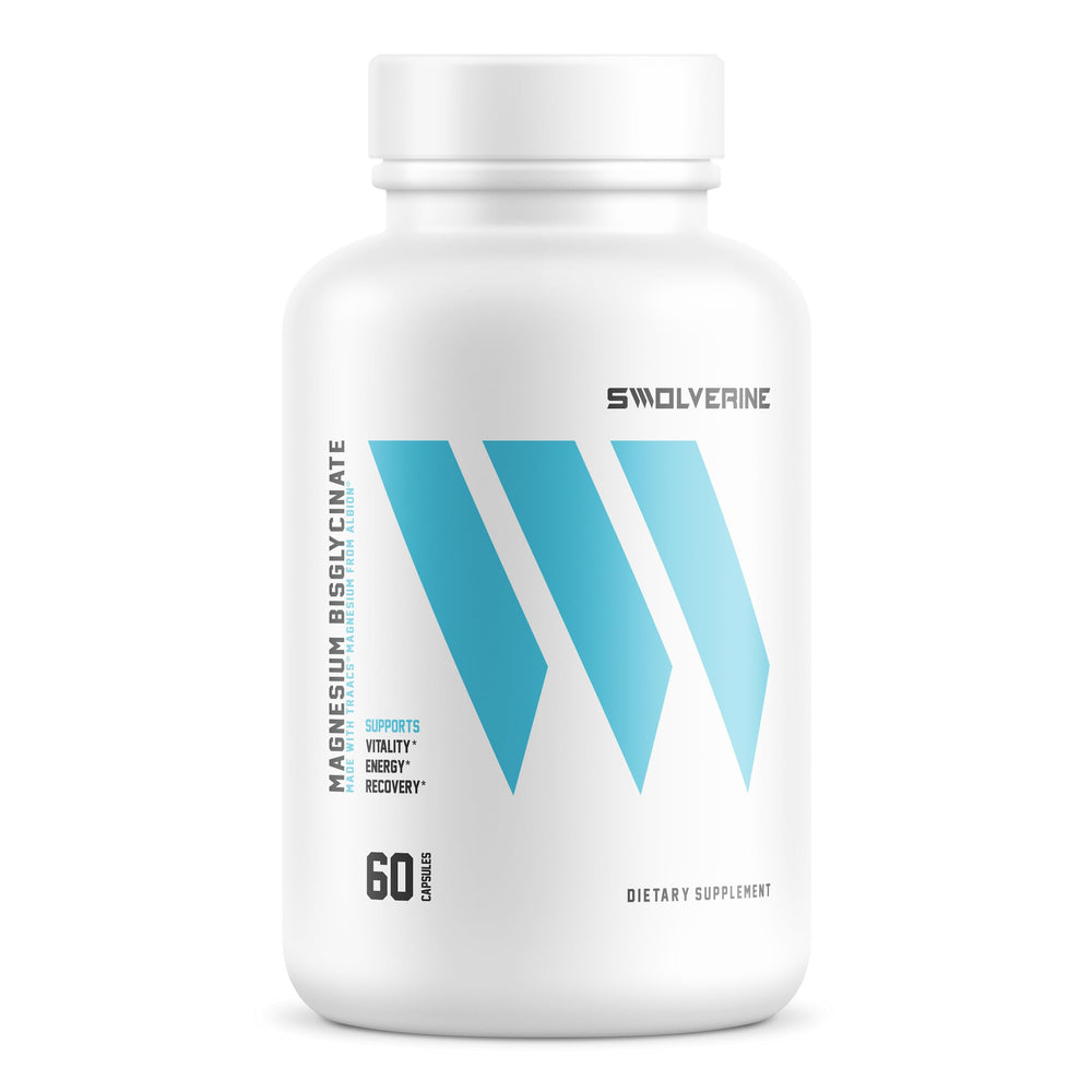 Swolverine Magnesium Bisglycinate 200mg bottle highlights Albion TRAACS for gentle absorption.