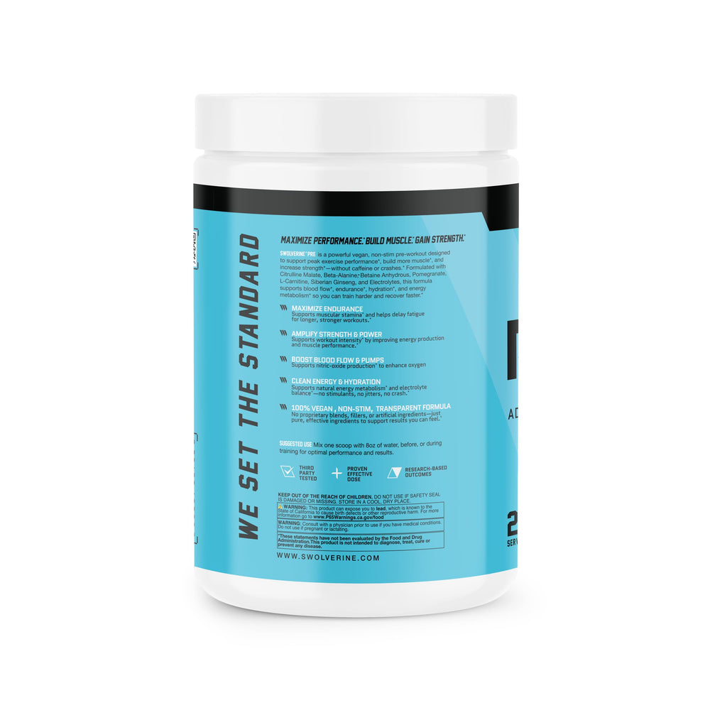 Swolverine PRE beta-alanine bottle pour supports delayed fatigue for longer sessions
