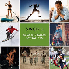 SWORD PERFORMANCE electrolyte packs hero shot highlights 32-pack, sugar-free formula.