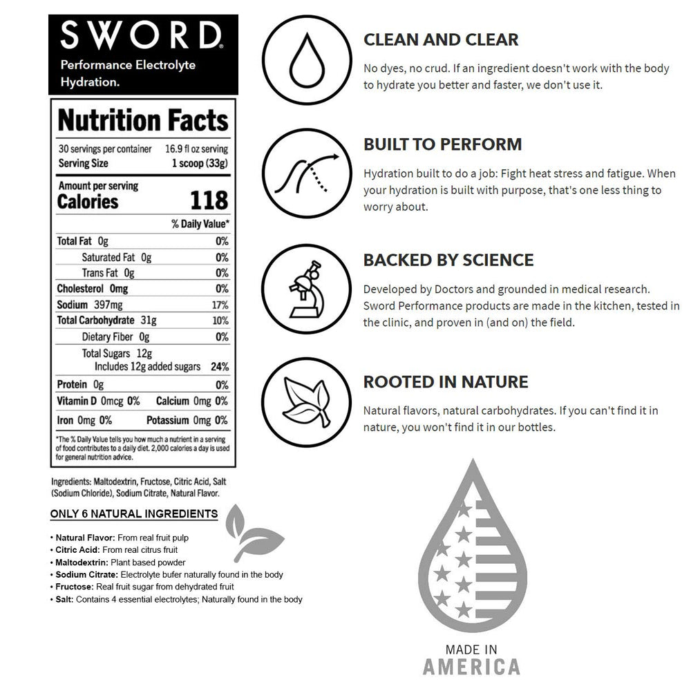 SWORD PERFORMANCE Lemonade powder scoop beside the tub for easy serving.