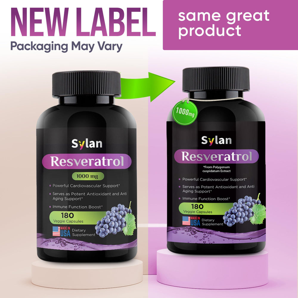 Close-up of SYLAN Resveratrol capsules highlighting easy daily intake.