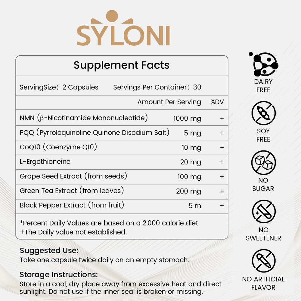 Syloni NMN capsule close-up, emphasizing vegan, non-GMO quality.