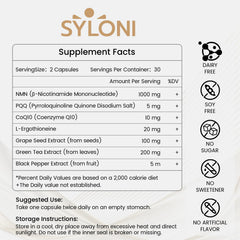 Syloni NMN capsule close-up, emphasizing vegan, non-GMO quality.