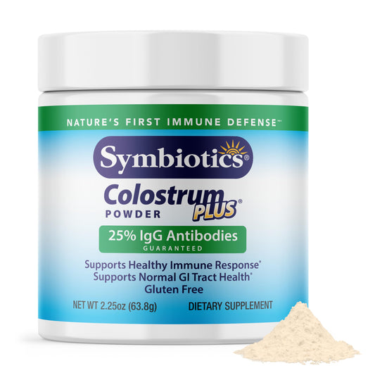 Symbiotics Colostrum Plus Powder bottle showing immune support and daily resilience.
