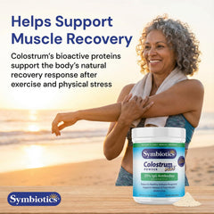 Close-up of Symbiotics Colostrum Plus Powder ingredients with 25% IgG emphasis.