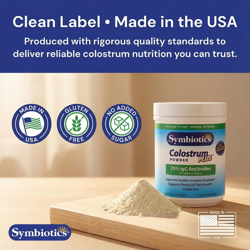 Symbiotics Colostrum Plus Powder storage jar kept for easy access.