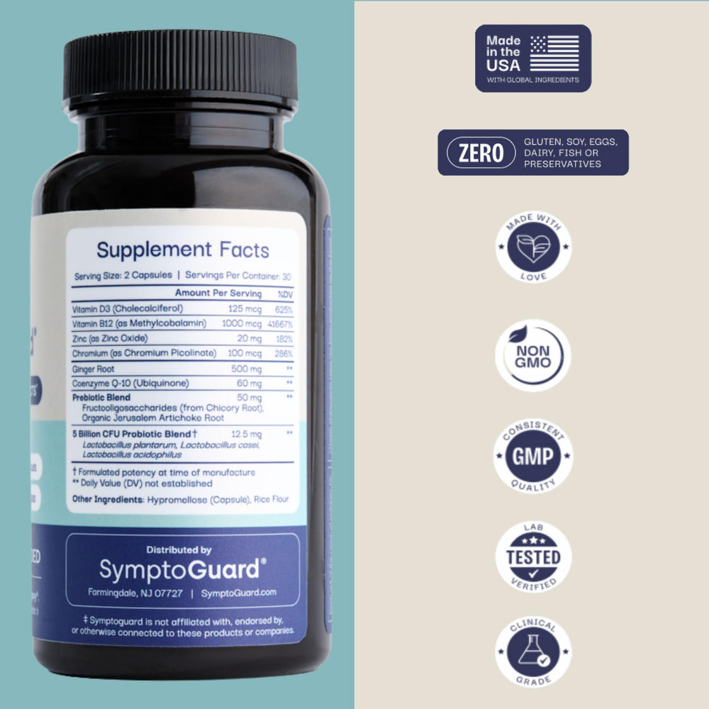 SymptoGuard GLP-1 label closeup with ingredients supporting gut health.