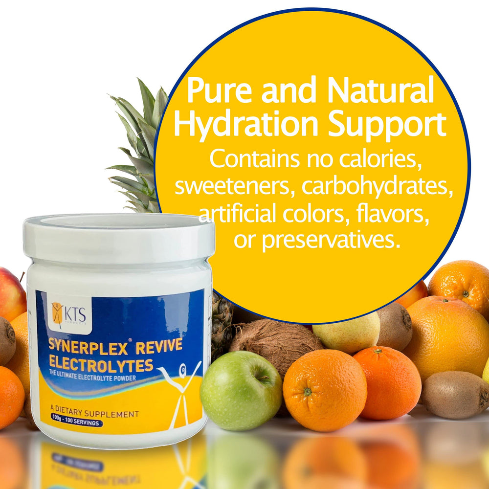 Synerplex Revive electrolyte powder in a glass of water for refreshing hydration.