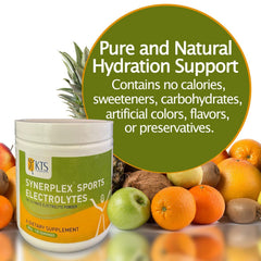 Close-up of Synerplex electrolyte powder pack highlighting natural ingredients for hydration.