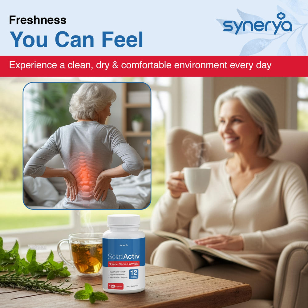 SYNERYA Advanced nerve support packaging highlights high-potency nutrients for resilience.