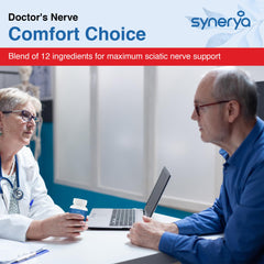 SYNERYA Nerve Health Supplement bottle label shows a natural blend for nerve wellness.